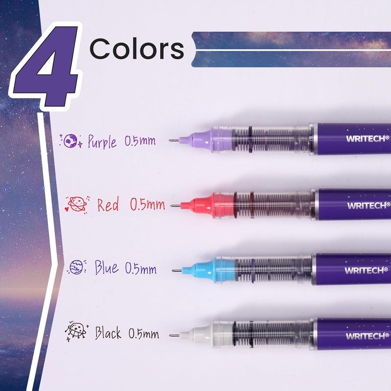 WRITECH Liquid Ink Rollerball Pens: 0.5mm Assorted Color Ink Fine Point Tip Rolling Roller Ball Pen Multicolor No Bleed & Smudge for Journaling Smooth Writing Drawing 4ct - Image 2